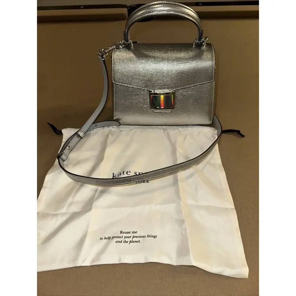 Kate Spade KF354 Katy Lizard Embossed Leather Small Top Handle Satchel Silver